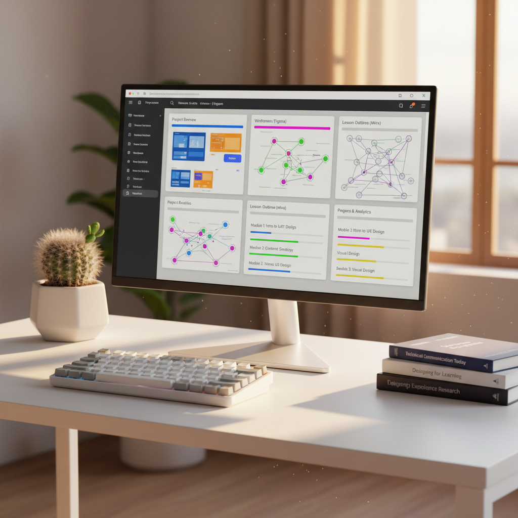 An ultra-organized digital workspace displayed on a sleek, thin-bezel monitor showing a detailed instructional design project dashboard with wireframes, lesson outlines, and progress bars in vibrant accent colors. The monitor rests on a minimalist white desk with a mechanical keyboard, a small potted cactus, and neatly stacked technical communication books with visible spines. Warm late-afternoon light filters in from the right, casting soft diagonal shadows and a cozy glow on the desk surface. Photographic realism, shot at eye level with the screen in sharp focus and the background gently blurred, creating a clean, modern, and slightly playful atmosphere that suggests productivity and reflective planning without feeling rigid.
